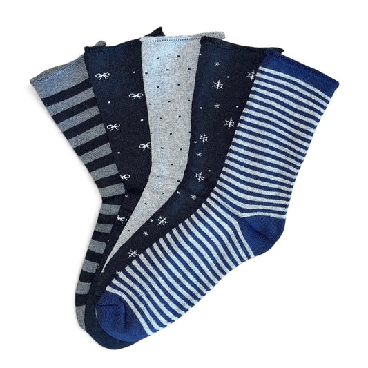 5 párov hrubých termo dámskych ponožiek bez gumičky, tmavé, rôzne vzory 5821