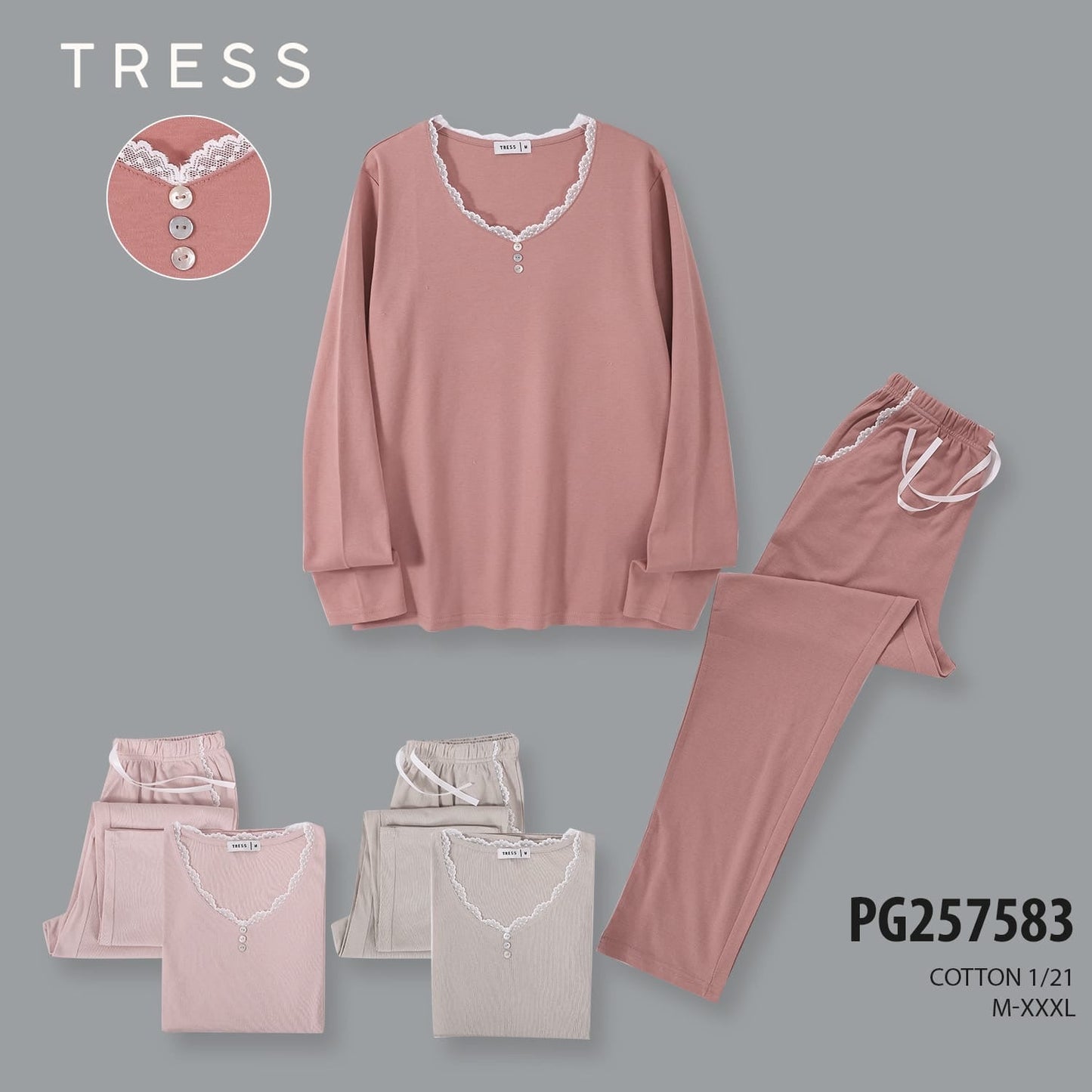 Dámske dlhé pyžamo, Tress 7583 jednofarebné s čipkou