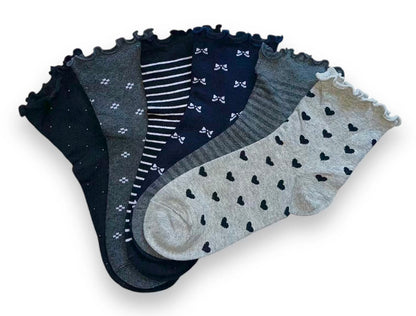 6 párov dámskych ponožiek bez gumy, stredne vysoké so vzormi 5802