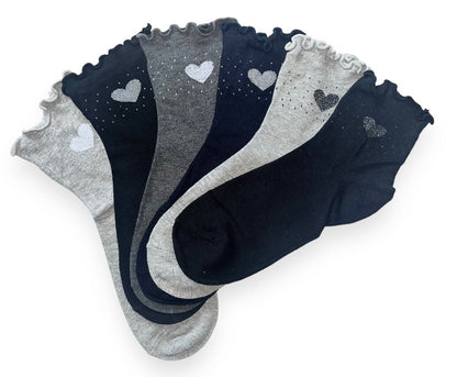 6 párov dámskych ponožiek bez gumy, stredne vysoké strieborné srdce 5827